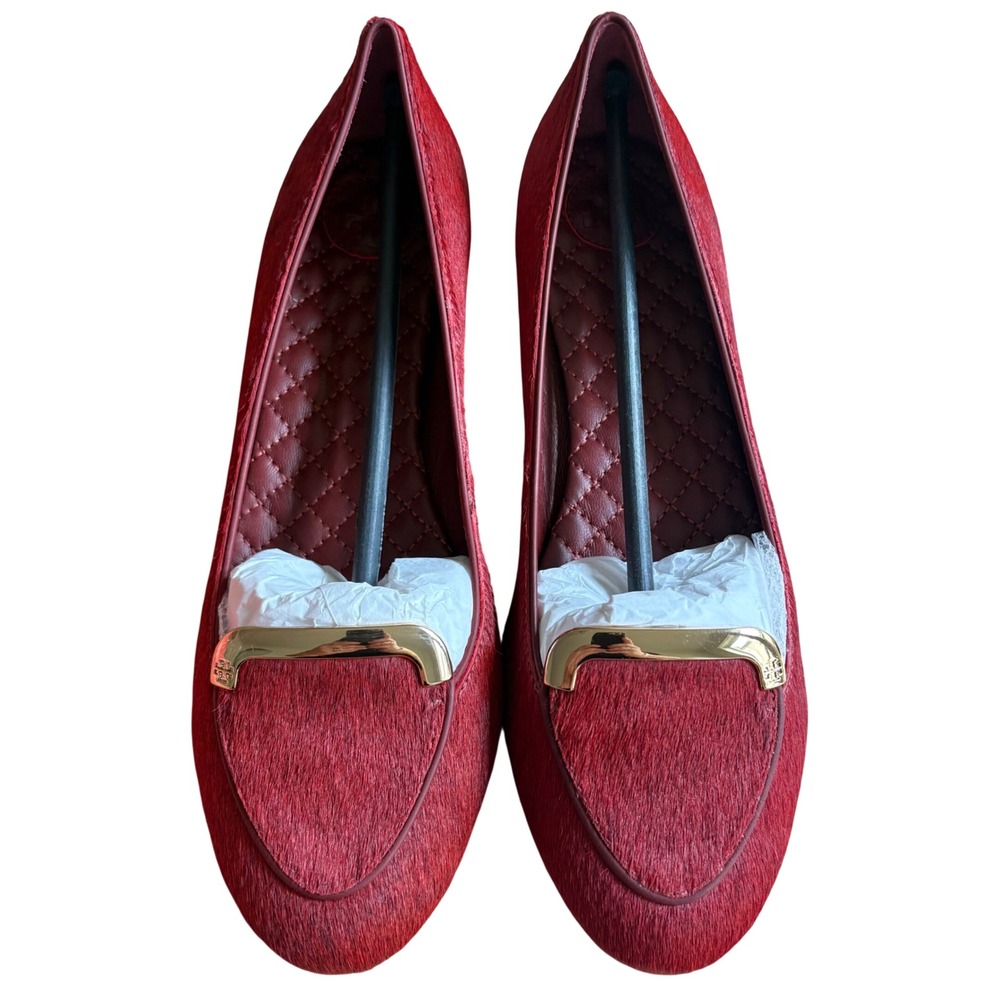 $298 NIB Tory Burch Jess Flats Brick Red Calf Hair Leather Gold Logo Loafer 8.5M